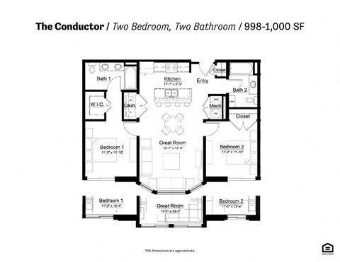 Floor plan for 2 beds, 2 baths, 998 sqft