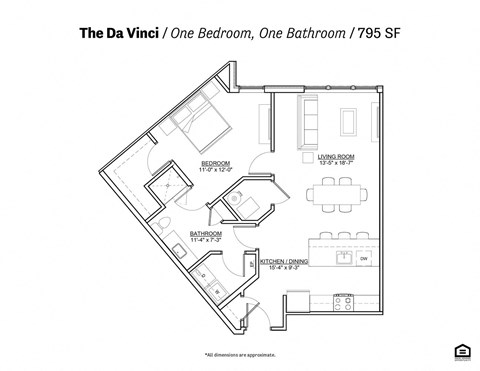 Floor plan for 1 bed, 1 bath, 822 sqft