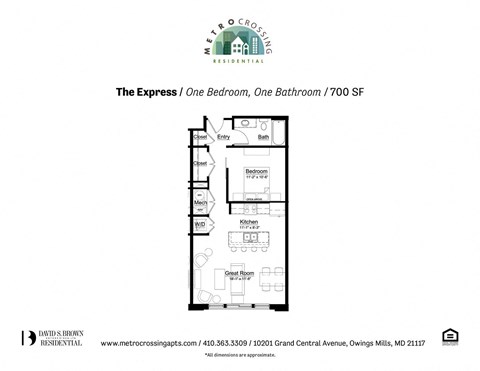 Floor plan for 1 bed, 1 bath, 712 sqft