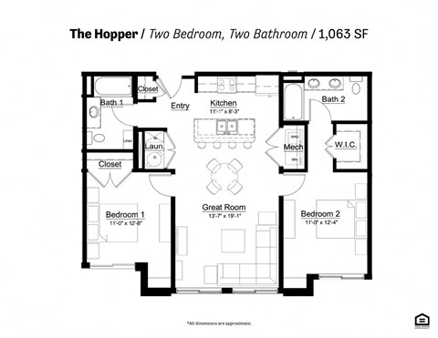 Floor plan for 2 beds, 2 baths, 1069 sqft