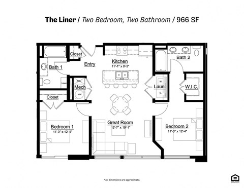 Floor plan for 2 beds, 2 baths, 966 sqft