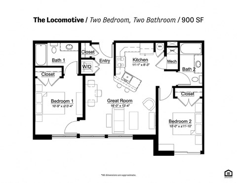 Floor plan for 2 beds, 2 baths, 900 sqft