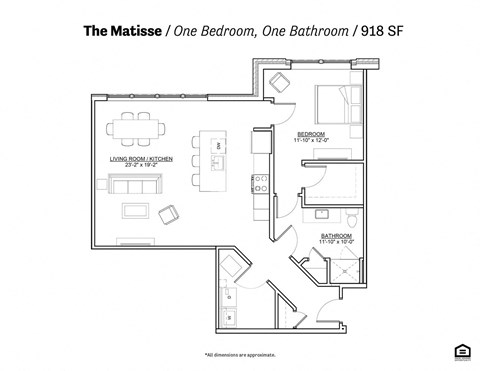 Floor plan for 1 bed, 1 bath, 946 sqft