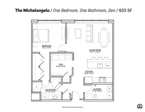 Floor plan for 1 bed, 1 bath, 962 sqft