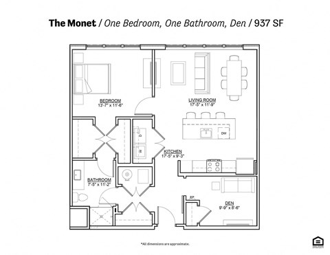 Floor plan for 1 bed, 1 bath, 962 sqft