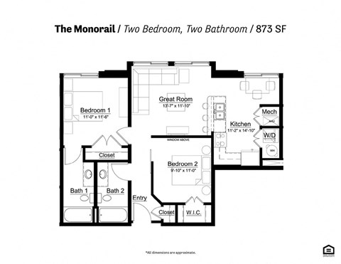 Floor plan for 2 beds, 2 baths, 886 sqft