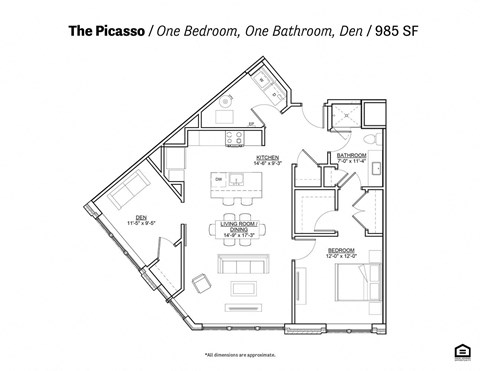 Floor plan for 1 bed, 1 bath, 961 sqft