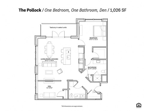 Floor plan for 1 bed, 1 bath, 1038 sqft