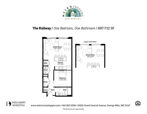 Floor plan for 1 bed, 1 bath, 697 sqft