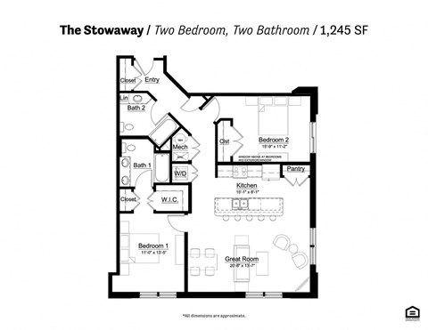 Floor plan for 2 beds, 2 baths, 1245 sqft