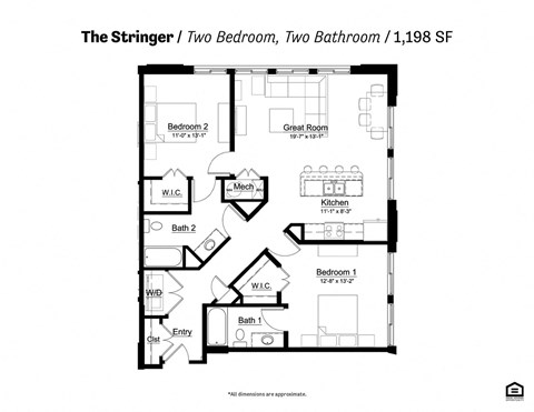 Floor plan for 2 beds, 2 baths, 1192 sqft