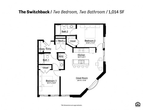 Floor plan for 2 beds, 2 baths, 1014 sqft