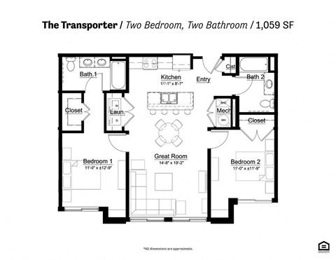Floor plan for 2 beds, 2 baths, 1069 sqft