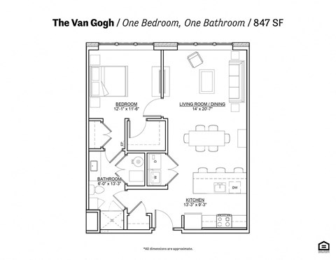 Floor plan for 1 bed, 1 bath, 814 sqft