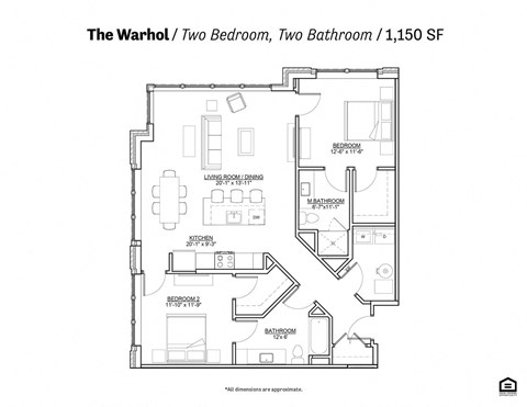 Floor plan for 2 beds, 2 baths, 1171 sqft
