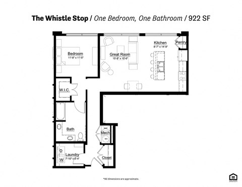 Floor plan for 1 bed, 1 bath, 922 sqft