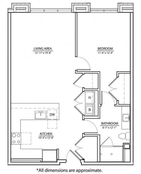 Floor plan for 1 bed, 1 bath, 834 sqft