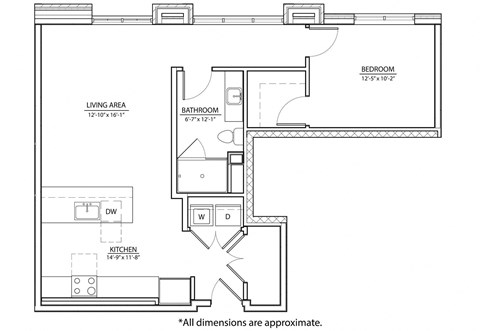 Floor plan for 1 bed, 1 bath, 775 sqft