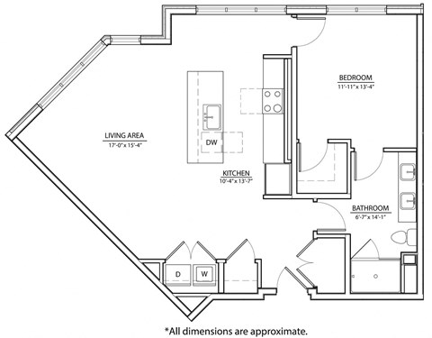 Floor plan for 1 bed, 1 bath, 900 sqft