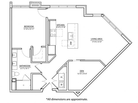 Floor plan for 1 bed, 1 bath, 917 sqft