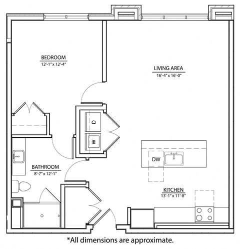 Floor plan for 1 bed, 1 bath, 802 sqft