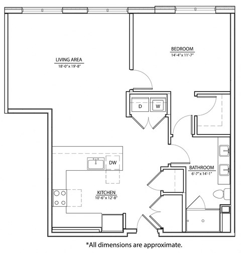 Floor plan for 1 bed, 1 bath, 930 sqft