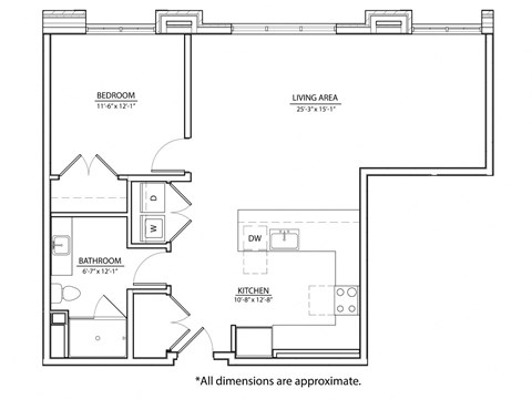 Floor plan for 1 bed, 1 bath, 858 sqft