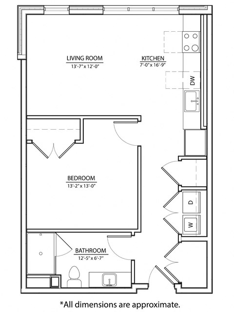 Floor plan for 1 bed, 1 bath, 687 sqft