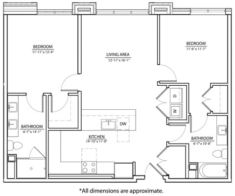Floor plan for 2 beds, 2 baths, 1034 sqft