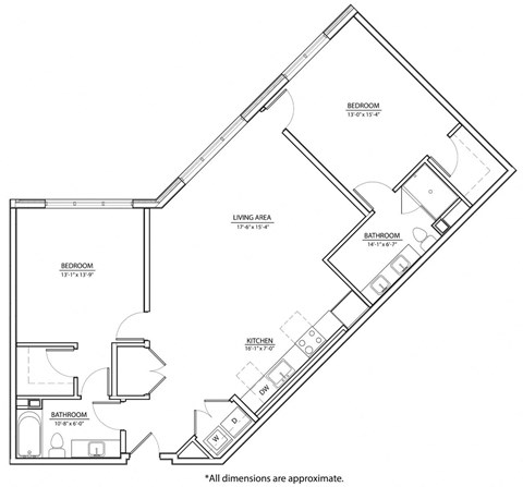 Floor plan for 2 beds, 2 baths, 1230 sqft