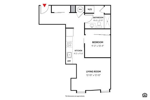 Floor plan for 1 bed, 1 bath, 530 sqft