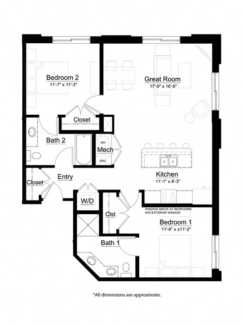 Floor plan for 2 beds, 2 baths, 1077 sqft