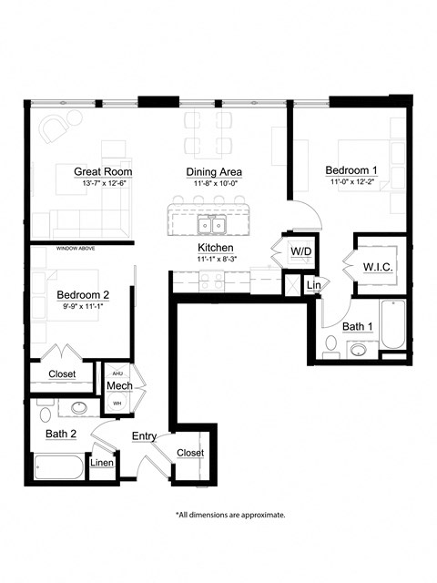 Floor plan for 2 beds, 2 baths, 1059 sqft