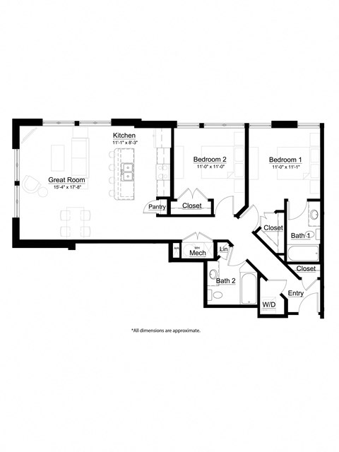 Floor plan for 2 beds, 2 baths, 1118 sqft