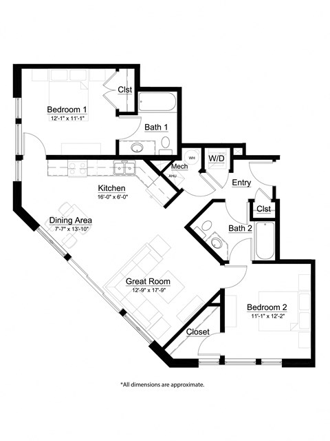 Floor plan for 2 beds, 2 baths, 1003 sqft