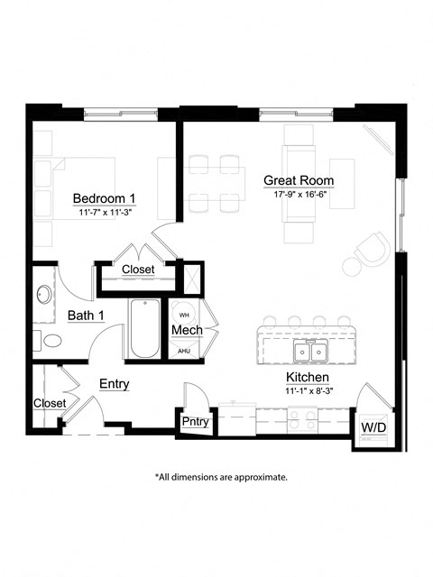 Floor plan for 1 bed, 1 bath, 818 sqft