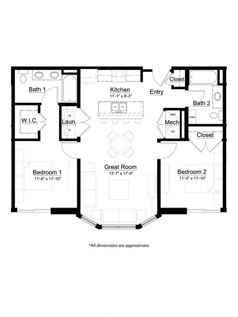Floor plan for 2 beds, 2 baths, 998 sqft