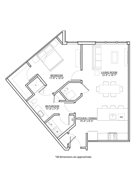 Floor plan for 1 bed, 1 bath, 822 sqft