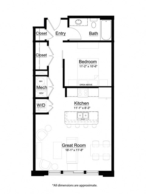 Floor plan for 1 bed, 1 bath, 712 sqft