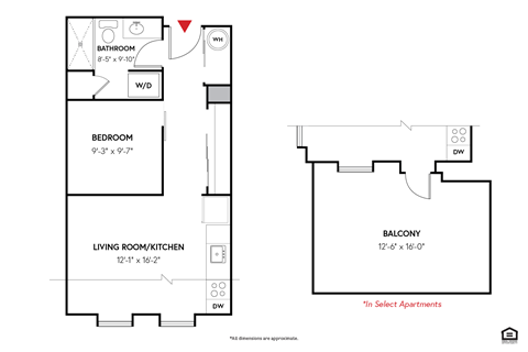Floor plan for 1 bed, 1 bath, 461 sqft