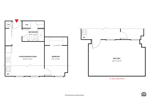 Floor plan for 1 bed, 1 bath, 505 sqft