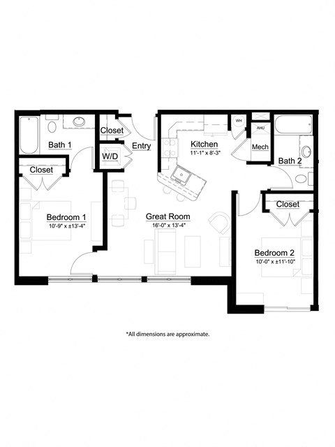 Floor plan for 2 beds, 2 baths, 900 sqft