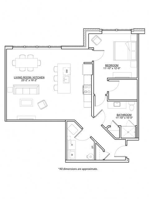 Floor plan for 1 bed, 1 bath, 946 sqft