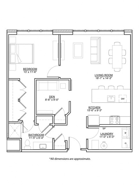 Floor plan for 1 bed, 1 bath, 962 sqft
