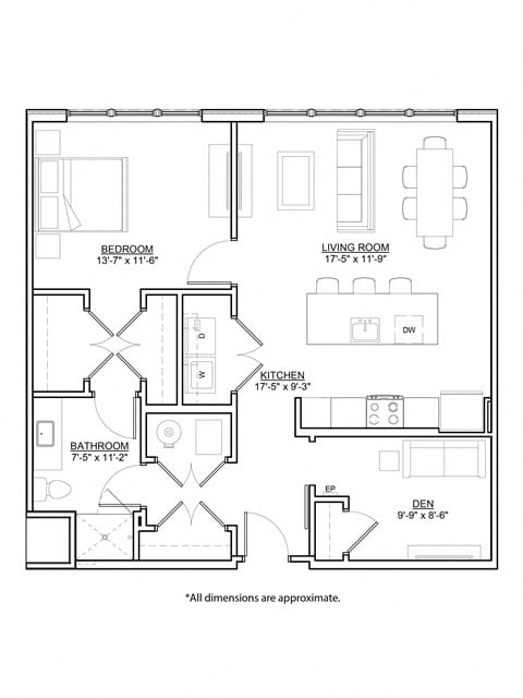 Floor plan for 1 bed, 1 bath, 962 sqft