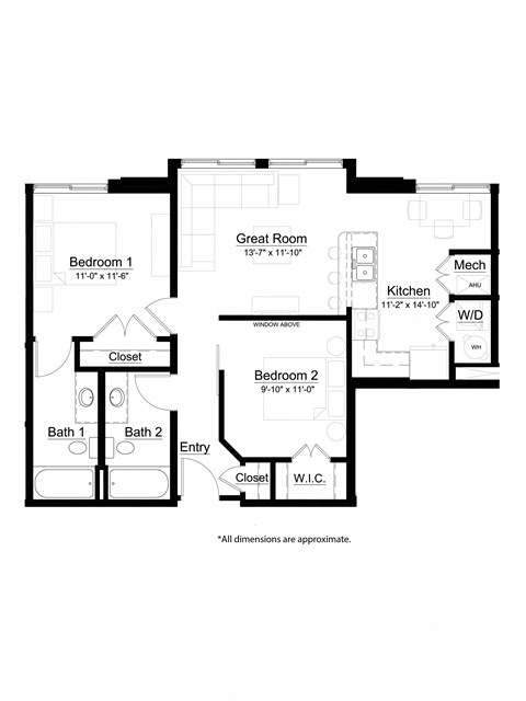 Floor plan for 2 beds, 2 baths, 886 sqft