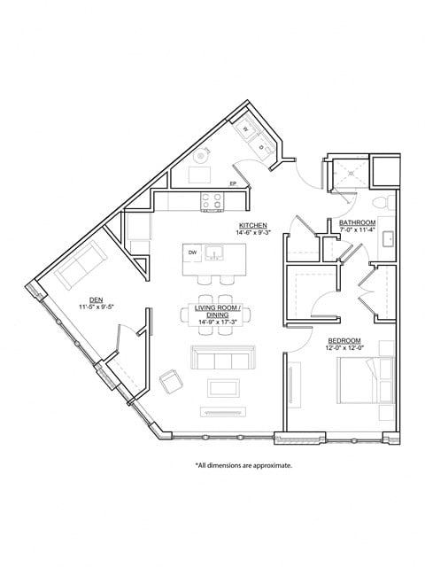 Floor plan for 1 bed, 1 bath, 961 sqft