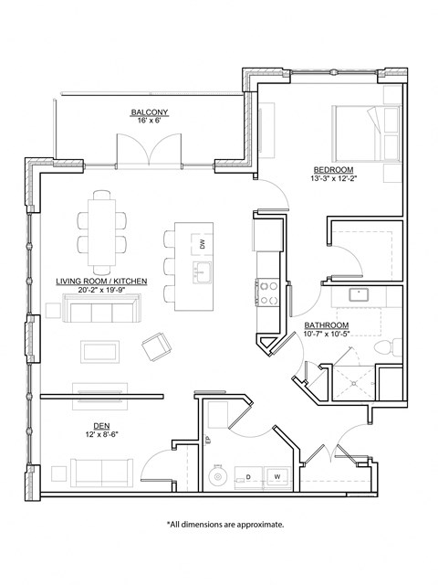 Floor plan for 1 bed, 1 bath, 1038 sqft