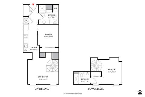 Floor plan for 2 beds, 2 baths, 727 sqft