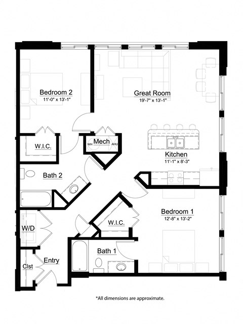Floor plan for 2 beds, 2 baths, 1192 sqft